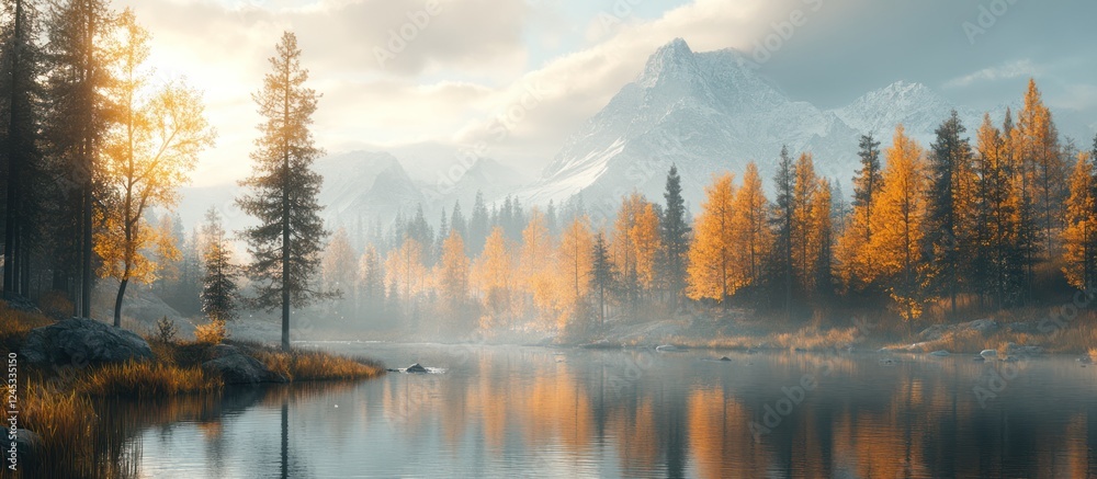 Misty autumn morning, lake reflecting golden trees and snowy mountains. Misty autumn morning, lake reflecting golden trees and snowy mountains.