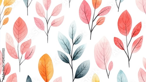 Wallpaper Mural A vibrant watercolor pattern featuring various leaves in shades of pink, orange, and green, perfect for enhancing any creative project. Torontodigital.ca