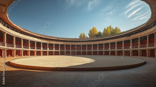 The round arena of a Spanish bullring- empty and serene- capturing the essence of the traditional sport in an iconic setting