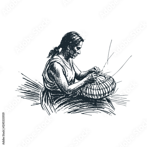 The american native Weaving a Basket by Hand. Black white icon vector and icon illustration.