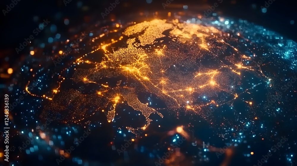 Fototapeta premium A close-up of the Earth's surface featuring glowing lights symbolizing a global network and seamless data connectivity. The visual representation highlights country borders in dark tones against