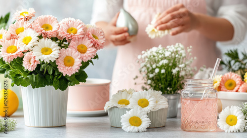 A woman is arranging flowers on a table