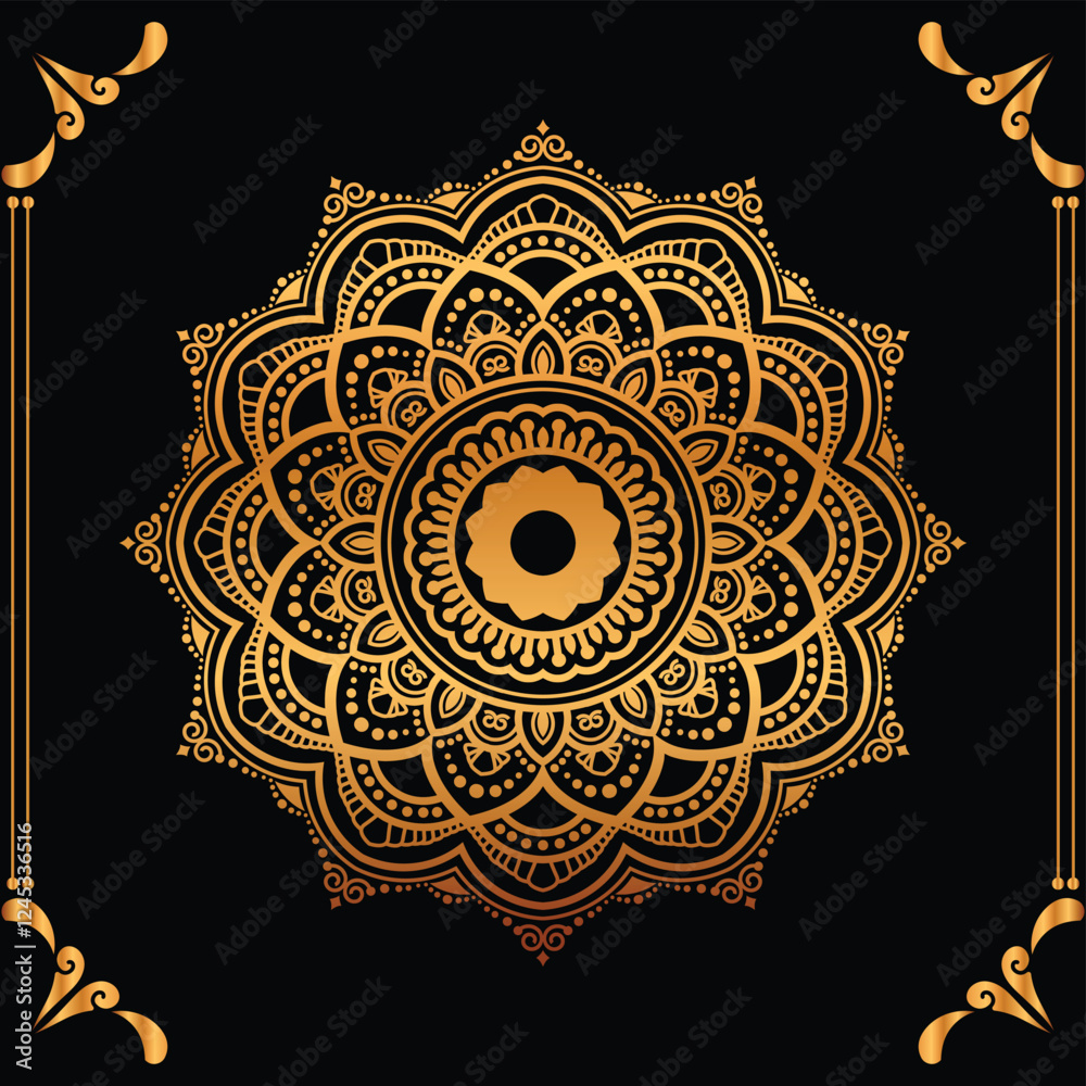 Luxury mandala design black background in gold color
Luxury mandala design black background in gold color