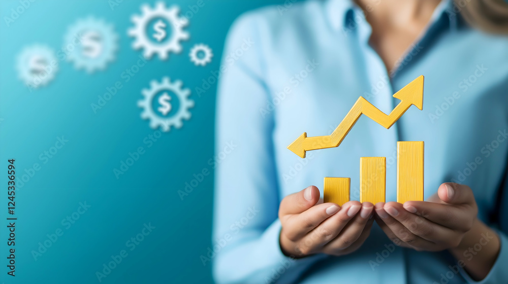 A woman holds a golden graph symbolizing growth, surrounded by gears and dollar signs, representing business success and financial advancement. A woman holds a golden graph symbolizing growth, surrounded by gears and dollar signs, representing business success and financial advancement.