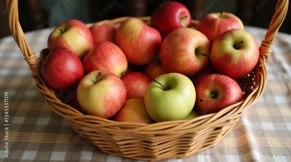 A charming basket filled with assorted apples, including red and green varieties, set on a checkered tablecloth A charming basket filled with assorted apples, including red and green varieties, set on a checkered tablecloth