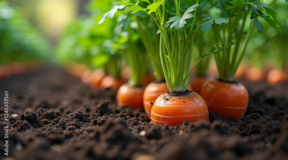 A close-up view of a carrot growing in soil, with its green leafy tops visible above the ground A close-up view of a carrot growing in soil, with its green leafy tops visible above the ground
