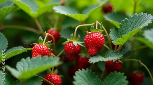 A close-up view of a strawberry bush with clusters of bright red strawberries nestled among the green foliage photo