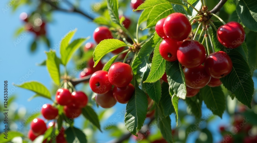 A lush cherry tree adorned with clusters of ripe, red cherries, set against a bright blue sky A lush cherry tree adorned with clusters of ripe, red cherries, set against a bright blue sky