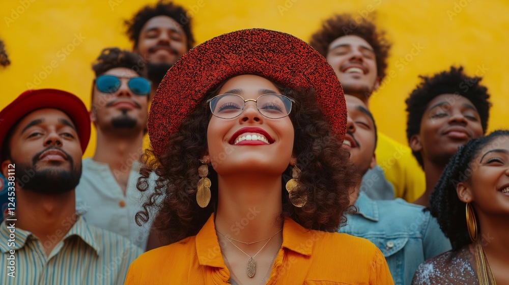 Fototapeta premium A group of diverse people smiling and looking upwards, The poster has an elegant design, showcasing diverse young individuals standing together, vibrant yellow background.