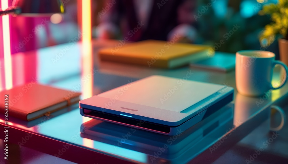 Modern Workspace with Tech Gadgets and Vibrant Lighting