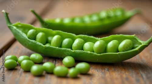 A vibrant pea pod resting on a wooden table, with a few peas spilled out photo