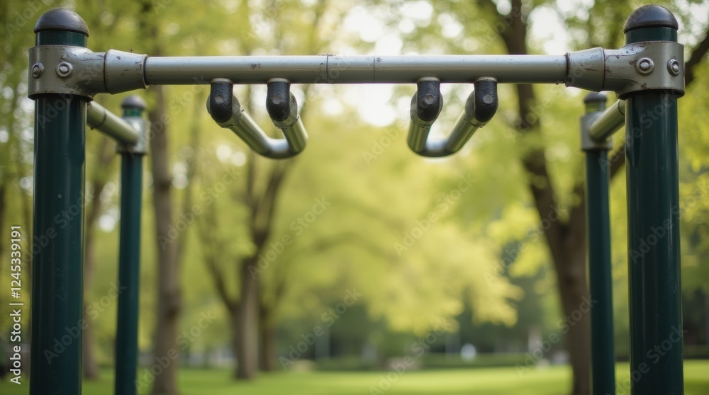 A sturdy metal pull-up bar standing in a green park, surrounded by trees and bathed in natural sunlight, symbolizing outdoor fitness and strength training. A sturdy metal pull-up bar standing in a green park, surrounded by trees and bathed in natural sunlight, symbolizing outdoor fitness and strength training.