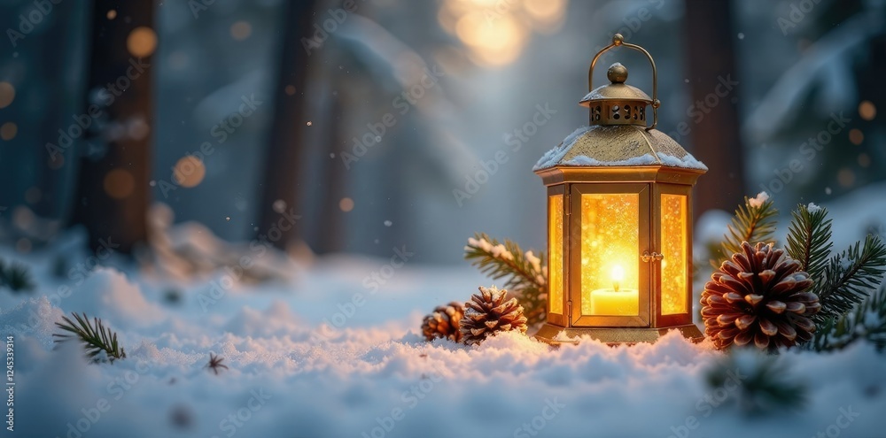 Pinecone-adorned gold lanterns in a snowy scene, forest, decoration, lantern Pinecone-adorned gold lanterns in a snowy scene, forest, decoration, lantern