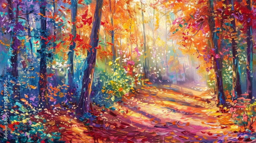 Fototapeta premium Enchanting Autumn Forest Trail Blanketed with Vibrant Fallen Leaves under the Golden Canopy