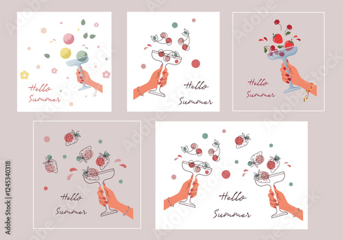 Collection of summer cards with fresh berries - strawberry and cherry. Posters with female hands holds a bowl with a ice cream or fruits. Set of vector banners in line art and flat style with dessert.