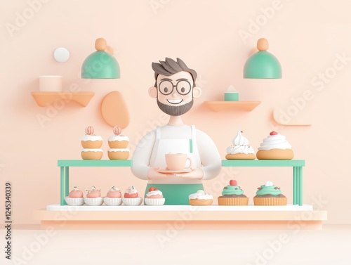 3d render of a friendly barista holding a cup in a pastry shop full of cakes and cupcakes