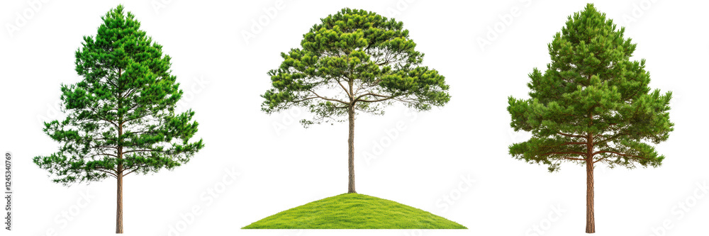 Three Distinct Trees on a Green Hill against a White Background Three Distinct Trees on a Green Hill against a White Background