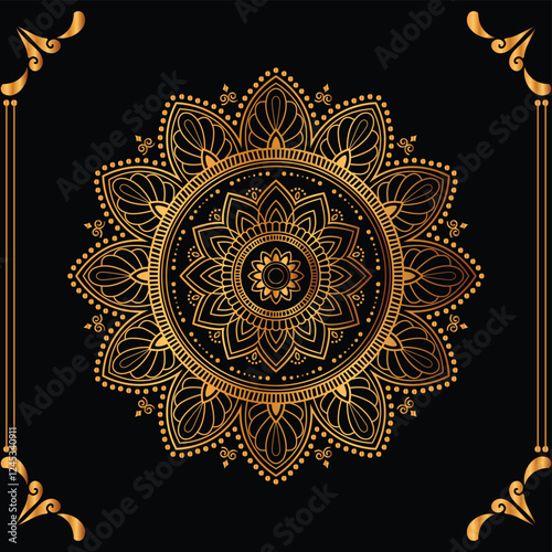 Luxury mandala design black background in gold color
