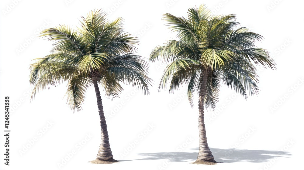 Obraz premium Two palm trees on white background, tropical paradise, sunny day, design element