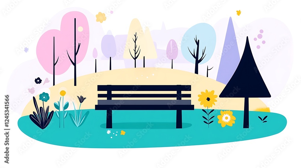Obraz premium Serene park bench scene with stylized trees and flowers.