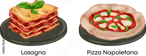 Italian Food Vector Illustration Lasagna Pizza Napoletana