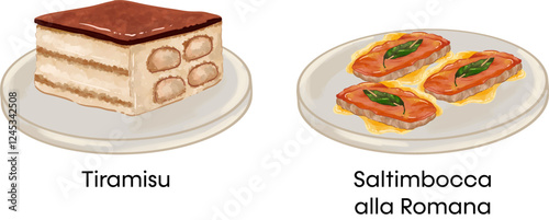 Italian Food Vector Illustration Tiramisu Saltimbocca
