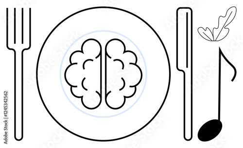 Plate with brain between fork and knife, plant-thumbs up object with musical note. Ideal for themes of intellectual growth, creativity, mental health, nourishment, learning, culinary arts, abstract