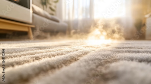 A close-up of a dusty air vent grille in a living room.
