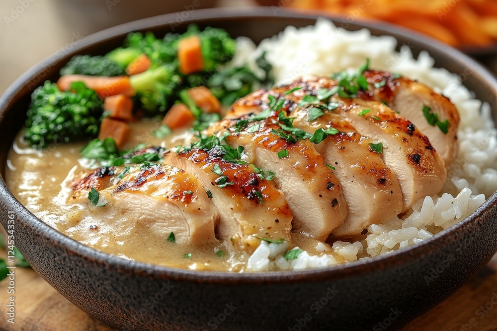 Sliced chicken breast, rice, veggies. Delicious meal, healthy recipe Sliced chicken breast, rice, veggies. Delicious meal, healthy recipe