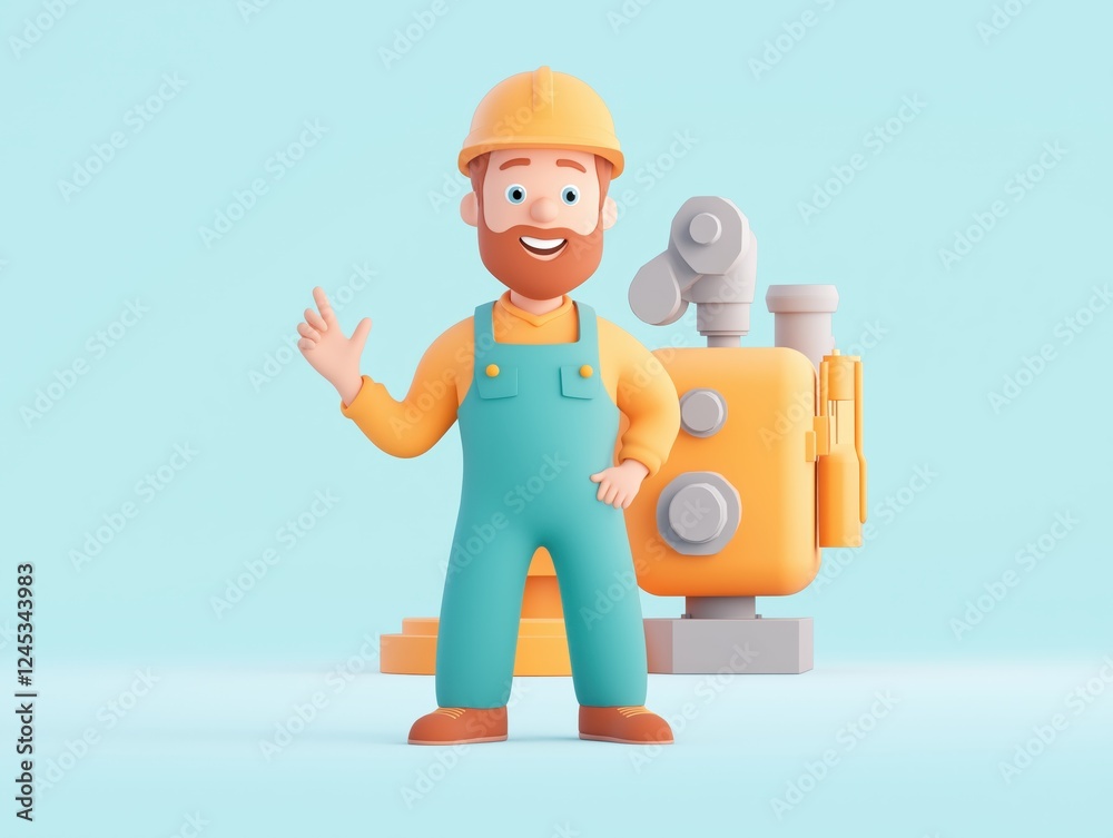 3d render of cartoon character wearing workwear presenting industrial machine, building and engineering concept 3d render of cartoon character wearing workwear presenting industrial machine, building and engineering concept