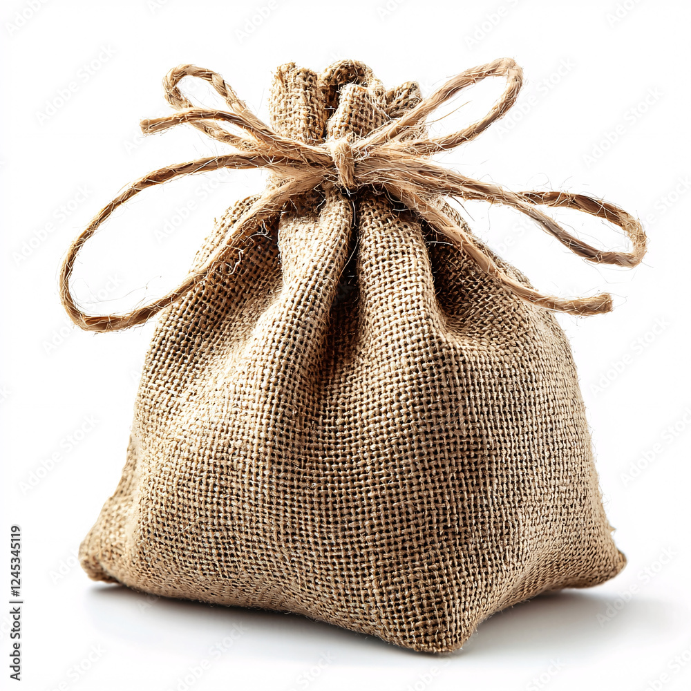 Hemp sack with rough texture, tied with natural twine with a knot on top and a decorative bow. Hemp sack with rough texture, tied with natural twine with a knot on top and a decorative bow.