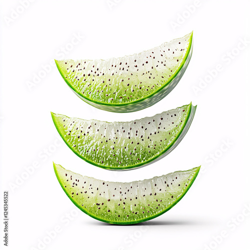 Three slices of green kiwi fruit floating against a white background, a close-up studio shot Green kiwi fruit slices with black seeds.