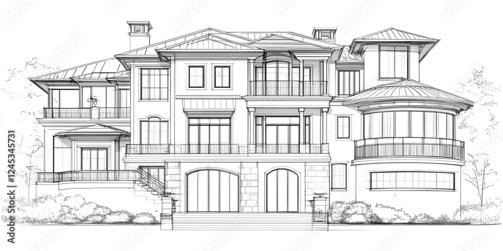 Detailed Continuous Line Sketch of a Sophisticated Multi-Level Residential Building Design Concept Detailed Continuous Line Sketch of a Sophisticated Multi-Level Residential Building Design Concept