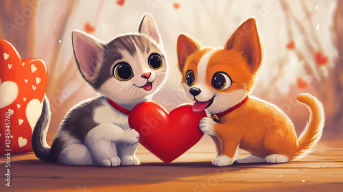 Cute kitten and puppy sharing a heart, symbolizing love and friendship. photo