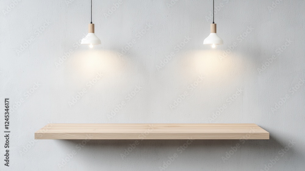 Fototapeta premium Minimalist interior design featuring an empty wooden plank board shelf, light bulbs, and a decorative vase against a clean white wall, illuminated by natural light