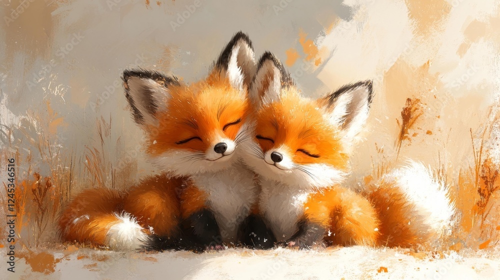Fototapeta premium Two Peaceful Foxes Sleeping in a Warm Embrace. Generative AI