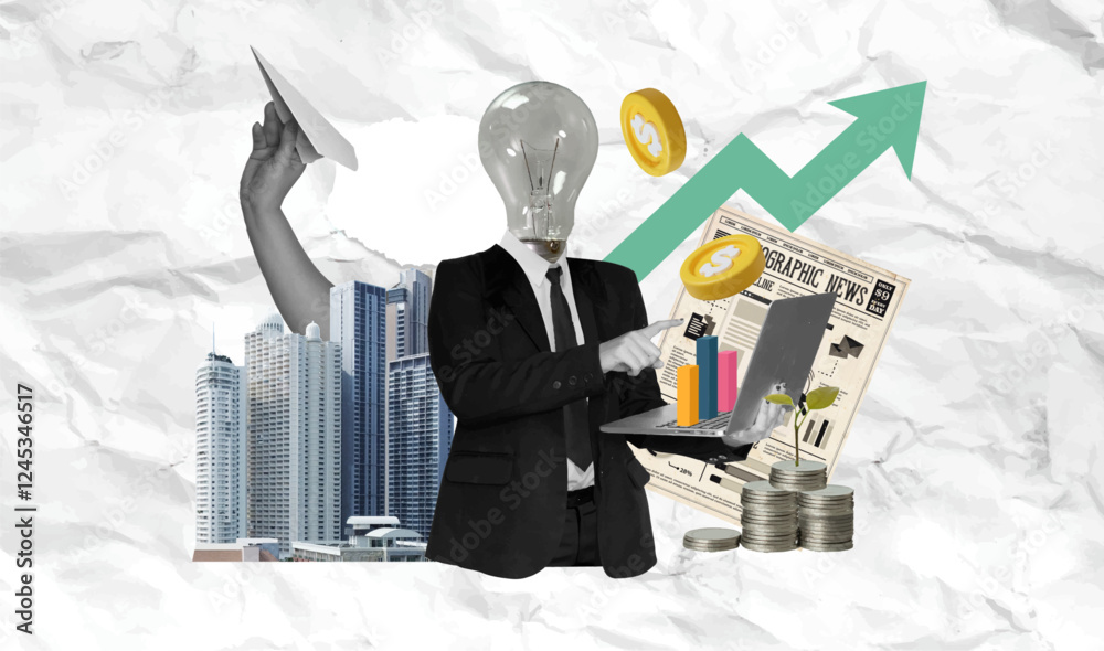 © MeepianGraphic - Creative businessman with lightbulb head presenting financial growth and innovation in a collage style, vector illustration © MeepianGraphic - Creative businessman with lightbulb head presenting financial growth and innovation in a collage style, vector illustration