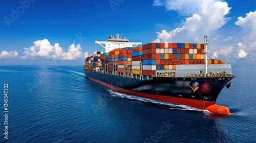 Massive Container Ship Transporting Freight and Goods Arriving at Busy International Port for Trade and Logistics