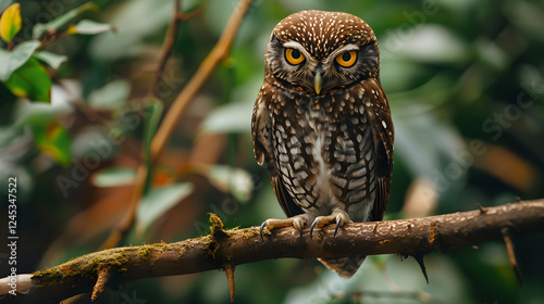 Focused Gaze - Intimate Portrait of a Resilient Pygmy Owl Amidst the Verdant Wilderness photo