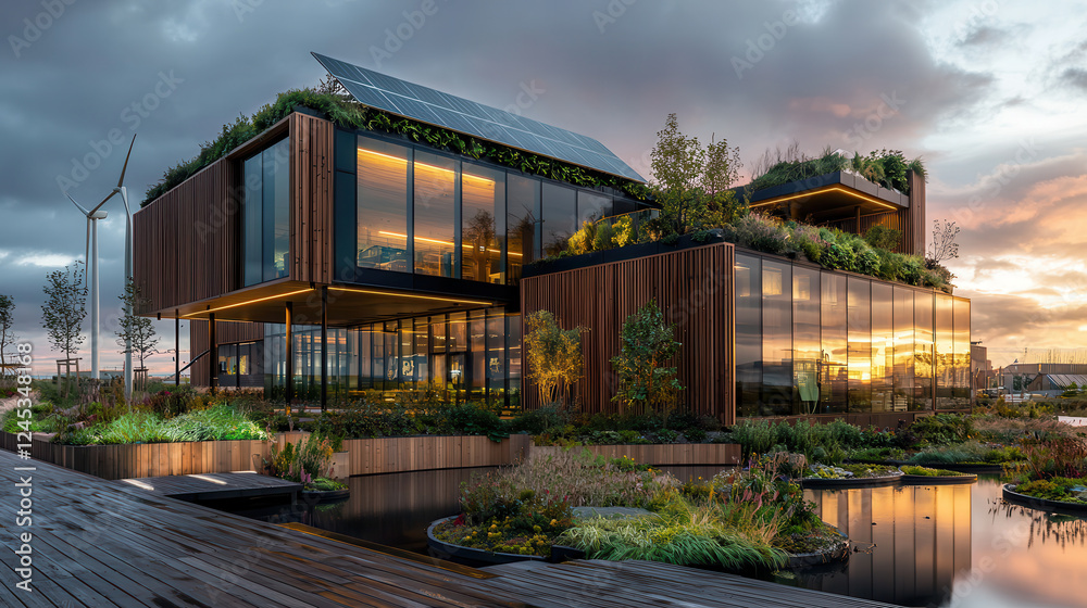 modern energy efficient building with solar panels and greenery, showcasing sustainable architecture and innovative design modern energy efficient building with solar panels and greenery, showcasing sustainable architecture and innovative design