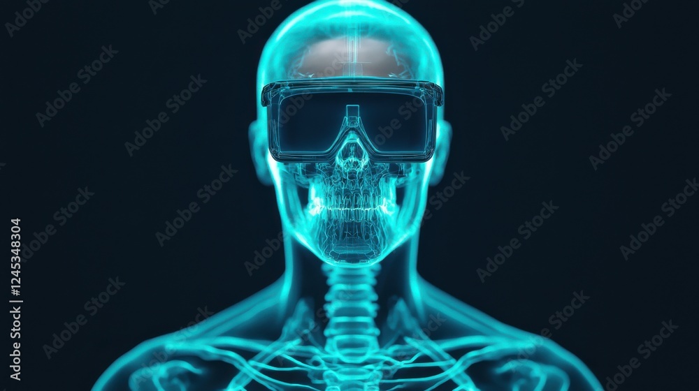 A futuristic digital representation of a human skeleton wearing virtual reality glasses, showcasing the intersection of technology and anatomy. A futuristic digital representation of a human skeleton wearing virtual reality glasses, showcasing the intersection of technology and anatomy.
