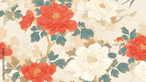 Wallpaper Mural 牡丹の花。日本の伝統的な和風デザイン｜着物柄・和紙・屏風 Torontodigital.ca