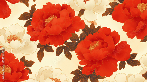 和柄デザインの牡丹の模様｜伝統的な日本パターン・着物・レトロ