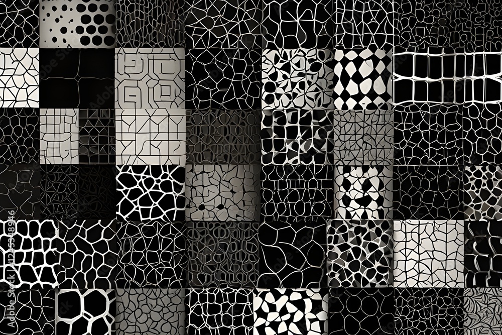Black and white cell seamless patterns vector set. Irregular geometric shapes repeated backdrop. Generative AI Black and white cell seamless patterns vector set. Irregular geometric shapes repeated backdrop. Generative AI