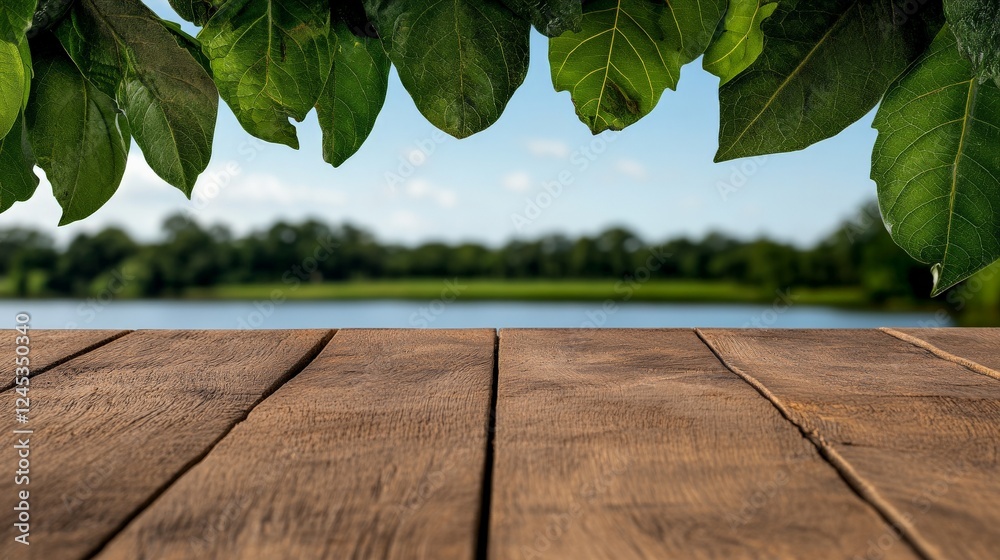 Wooden table with lake view: a wooden table with natural leaves framing the scenic view of the lake, creating a relaxing and natural atmosphere.