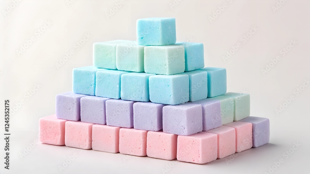 Pastel Cube Pyramid: A stack of pastel-colored cubes, forming a pyramid, creates a visually pleasing and minimalist design. Pastel Cube Pyramid: A stack of pastel-colored cubes, forming a pyramid, creates a visually pleasing and minimalist design.
