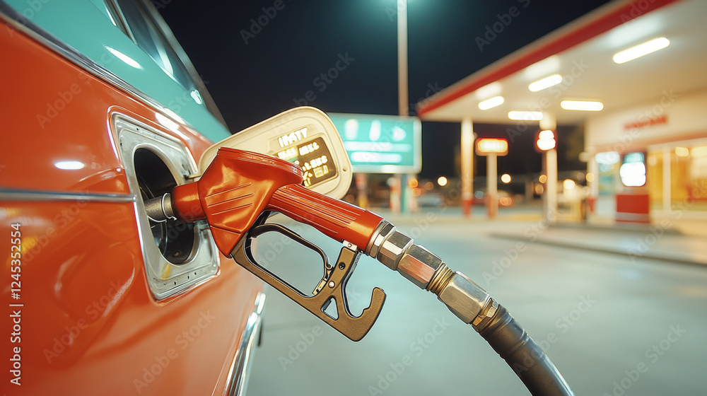 Naklejka premium red car is being refueled at gas station at night, with close up of fuel pump nozzle