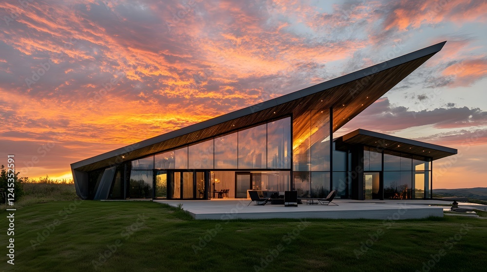 Obraz premium Striking Contemporary Villa Design Featuring Angular Shapes and Stunning Sunset Background