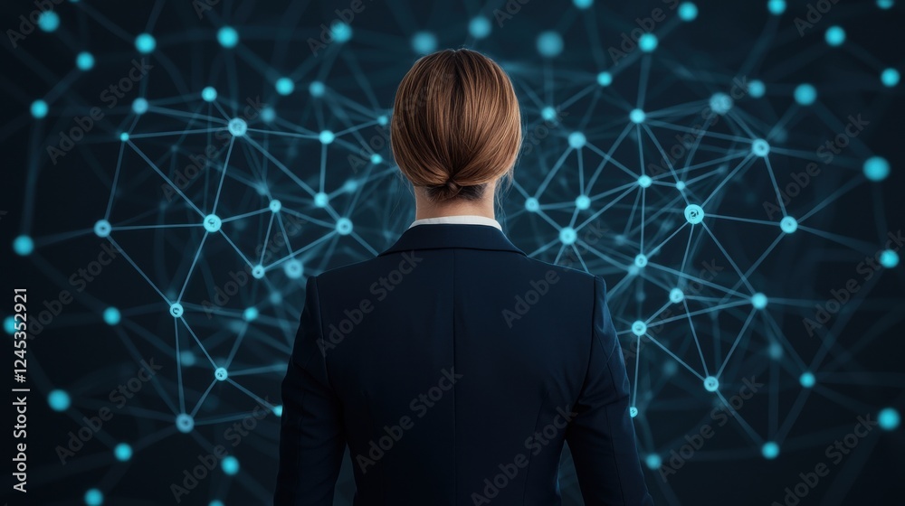 A professional woman stands before a network of interconnected nodes, symbolizing technology, innovation, and digital transformation in business. A professional woman stands before a network of interconnected nodes, symbolizing technology, innovation, and digital transformation in business.