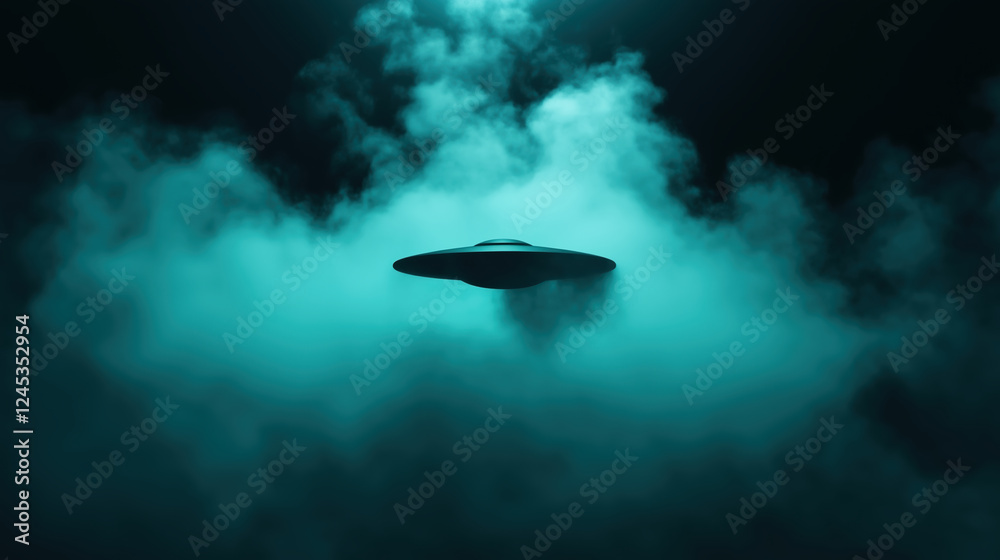 Ufo spacecraft in turquoise clouds at night. Science fiction and supernatural phenomena Ufo spacecraft in turquoise clouds at night. Science fiction and supernatural phenomena